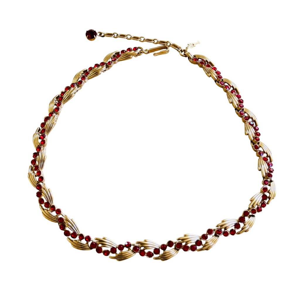 VTG Crown Trifari Necklace Red Crystal Rhinestone Jeweled Gold Regal Regency 50s